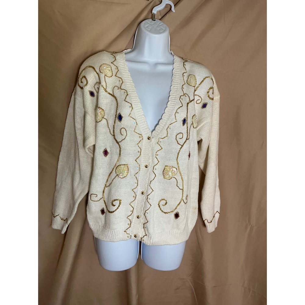 Exclusive Imports Cardigan Womens Medium Cream NWT Beaded Sequin Vintage V-Neck